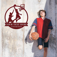 Custom basketball metal wall sign with two players and hoop silhouette, personalized text space, perfect for man cave or sports room decor.