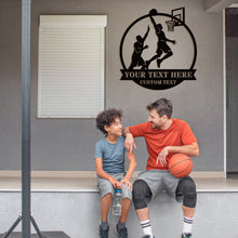 Custom basketball metal wall sign with two players and hoop silhouette, personalized text space, perfect for man cave or sports room decor.