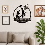 Custom basketball metal wall sign with two players and hoop silhouette, personalized text space, perfect for man cave or sports room decor.