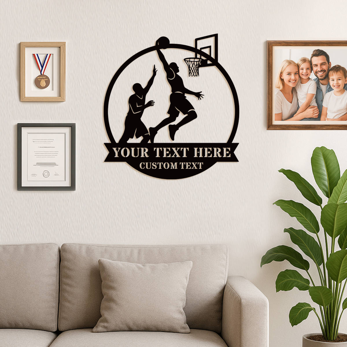 Custom basketball metal wall sign with two players and hoop silhouette, personalized text space, perfect for man cave or sports room decor.