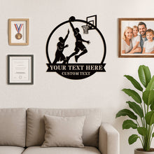 Custom basketball metal wall sign with two players and hoop silhouette, personalized text space, perfect for man cave or sports room decor.