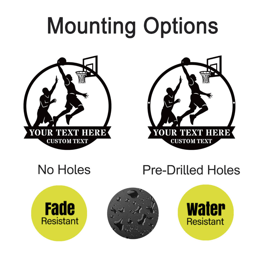 Custom basketball metal wall sign with two players and hoop silhouette, personalized text space, perfect for man cave or sports room decor.