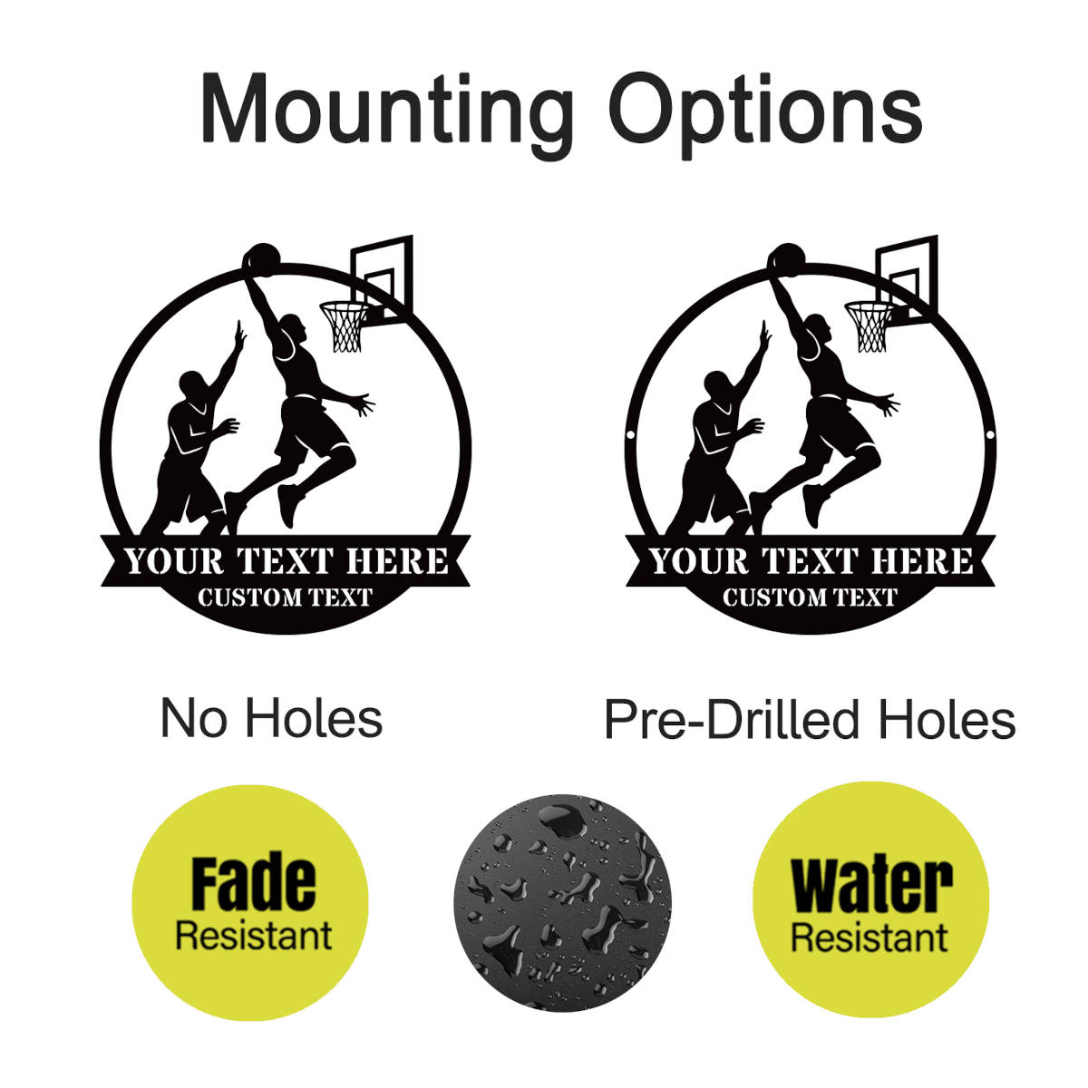 Custom basketball metal wall sign with two players and hoop silhouette, personalized text space, perfect for man cave or sports room decor.