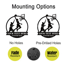 Custom basketball metal wall sign with two players and hoop silhouette, personalized text space, perfect for man cave or sports room decor.