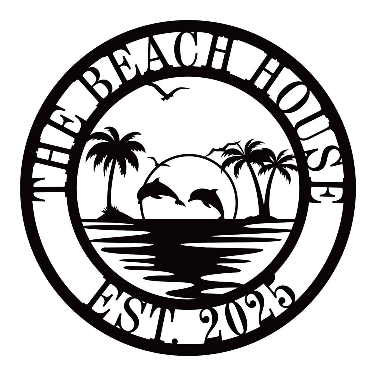 Custom beach house metal sign with dolphins and palm trees Main image