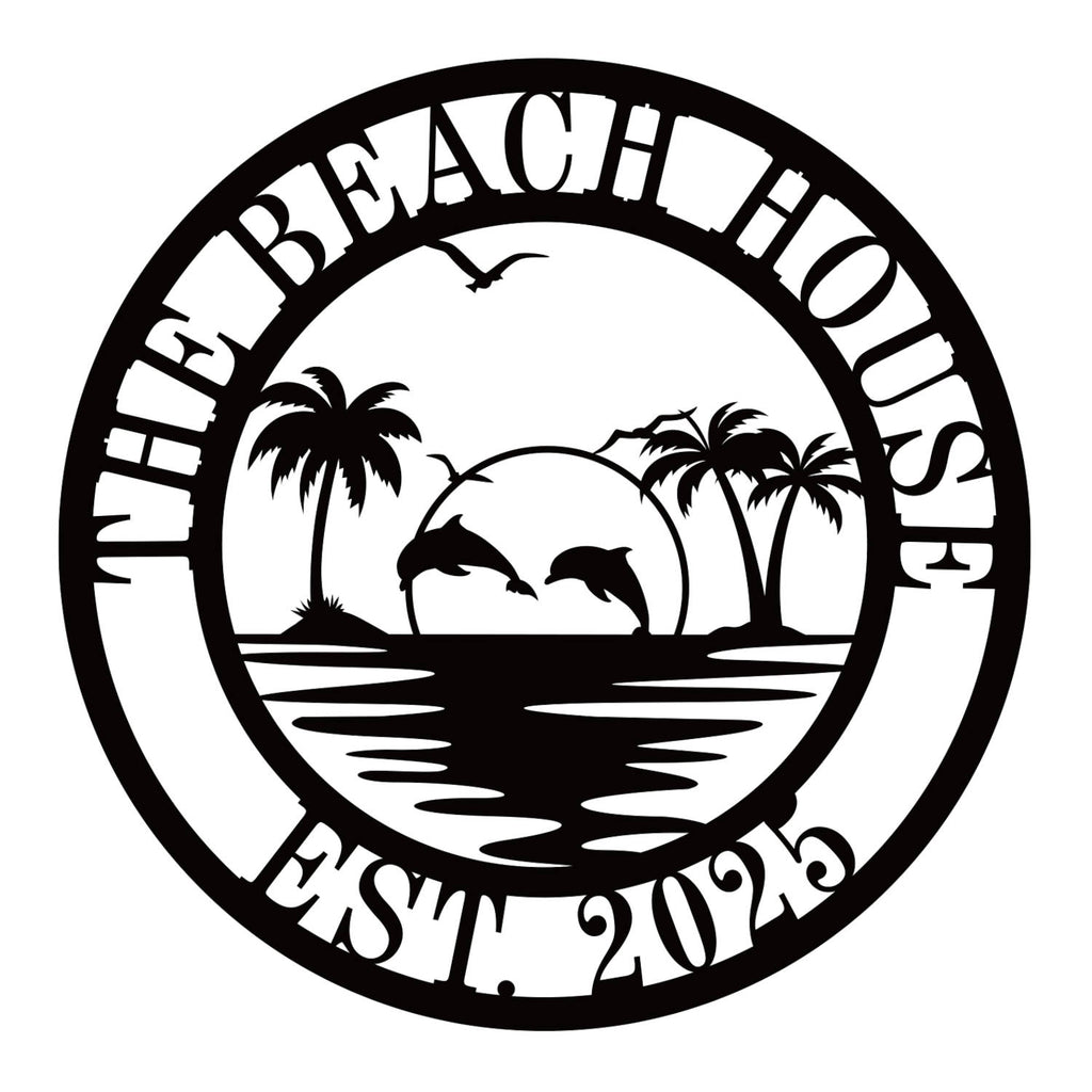 Custom beach house metal sign with dolphins and palm trees
