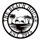 Custom beach house metal sign with dolphins and palm trees