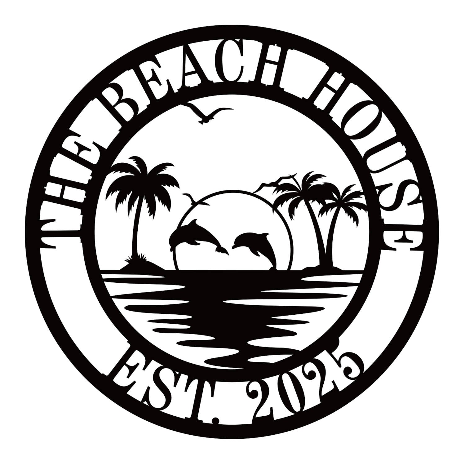 Custom beach house metal sign with dolphins and palm trees
