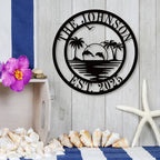 Custom beach house metal sign with dolphins and palm trees