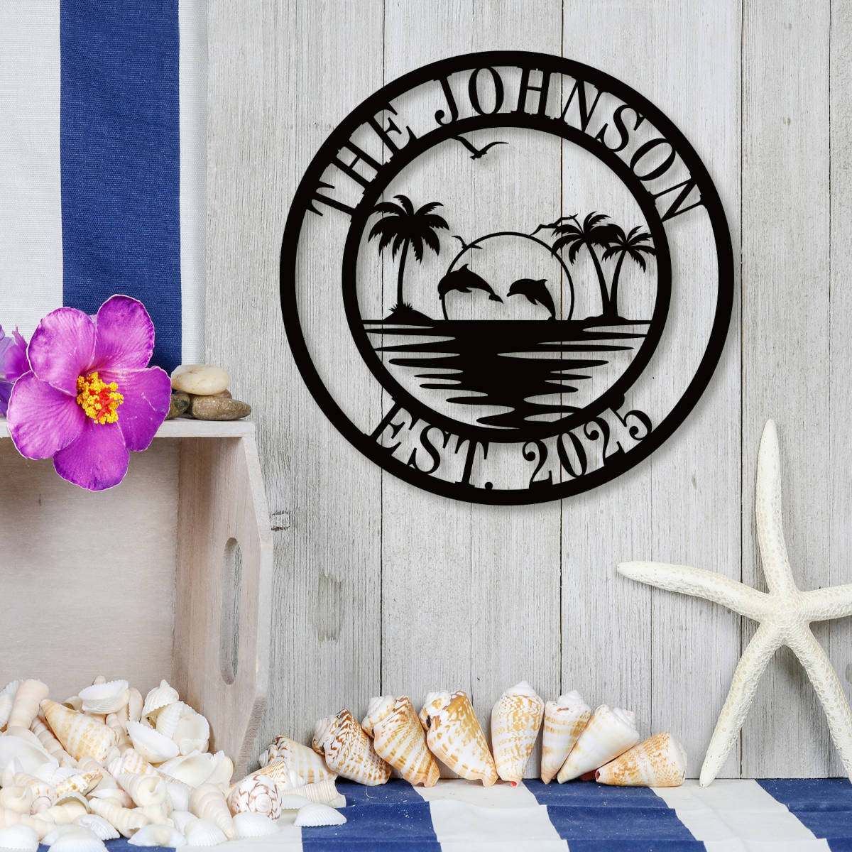 Custom beach house metal sign with dolphins and palm trees