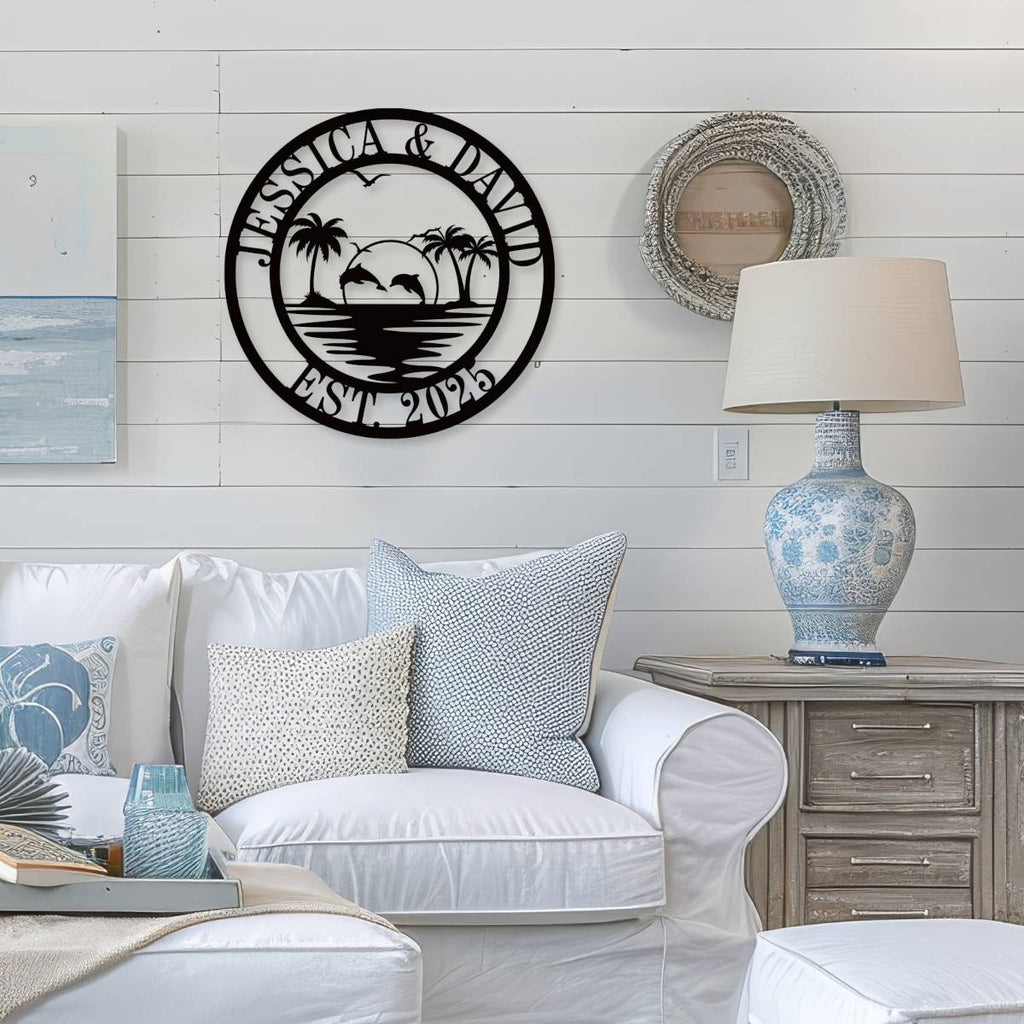 Custom beach house metal sign with dolphins and palm trees