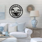Custom beach house metal sign with dolphins and palm trees