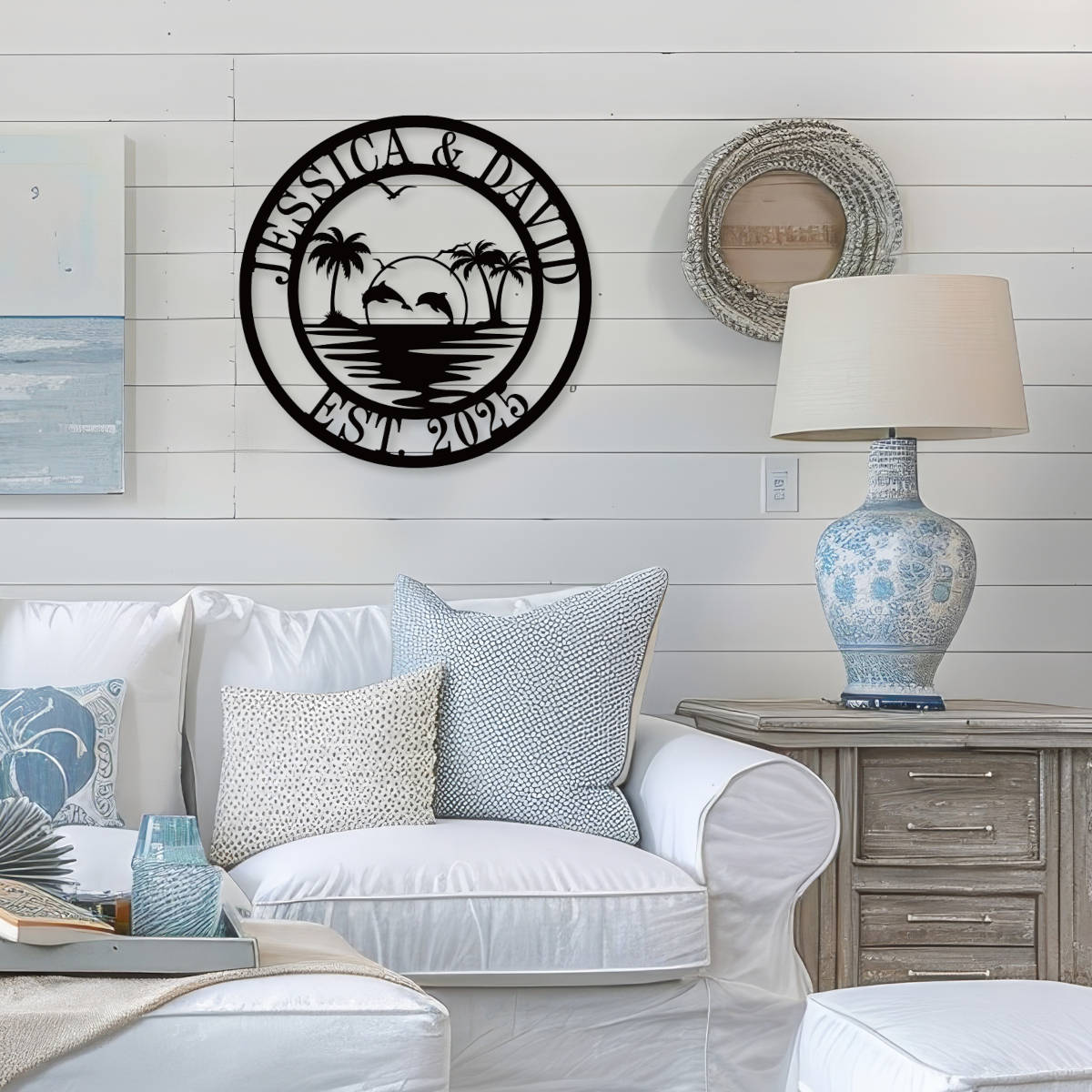 Custom beach house metal sign with dolphins and palm trees