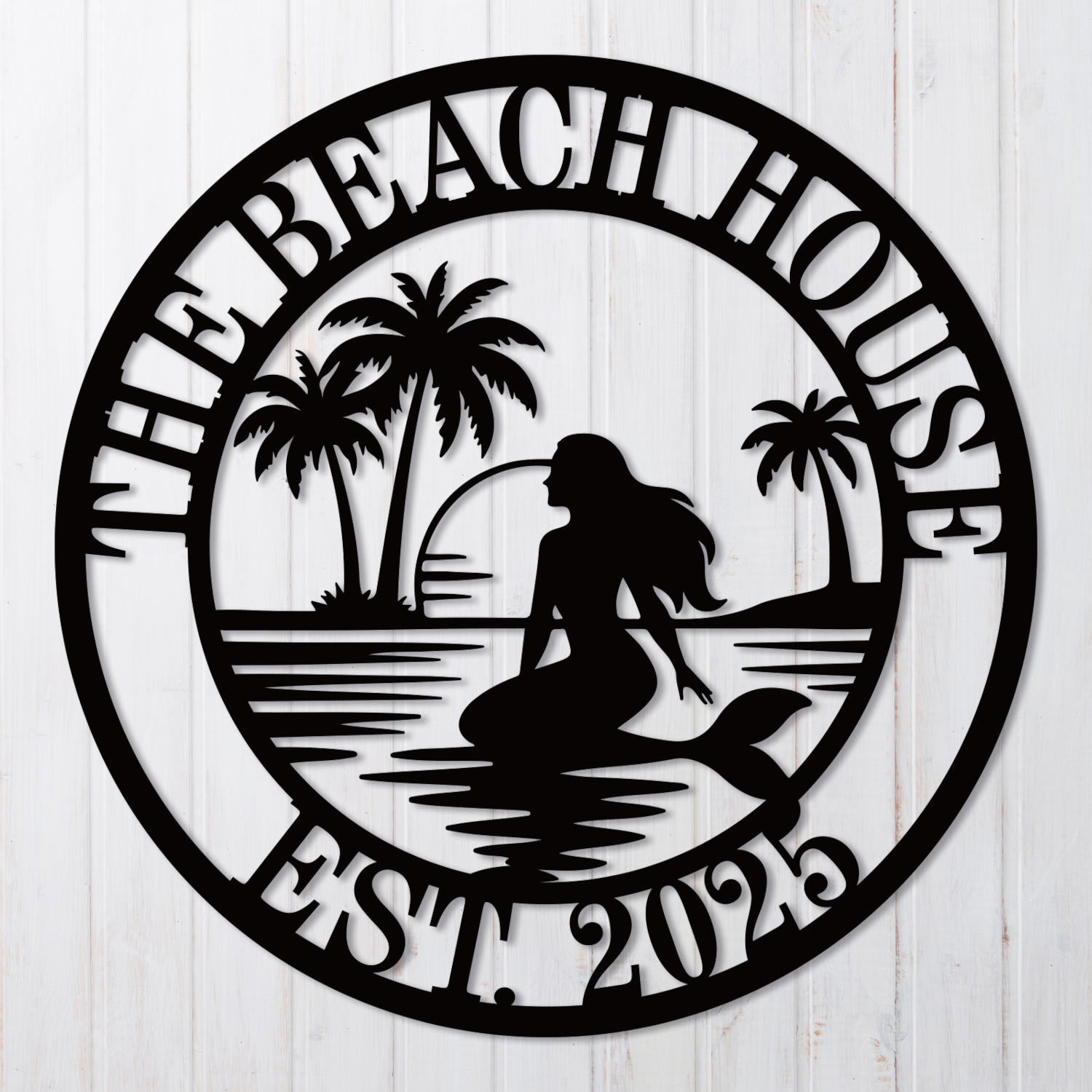 Custom mermaid beach metal wall sign with palm trees and sunset, personalized coastal décor made from laser-cut steel with powder-coated finish Main image
