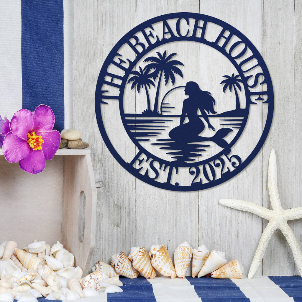 Custom mermaid beach metal wall sign with palm trees and sunset, personalized coastal décor made from laser-cut steel with powder-coated finish