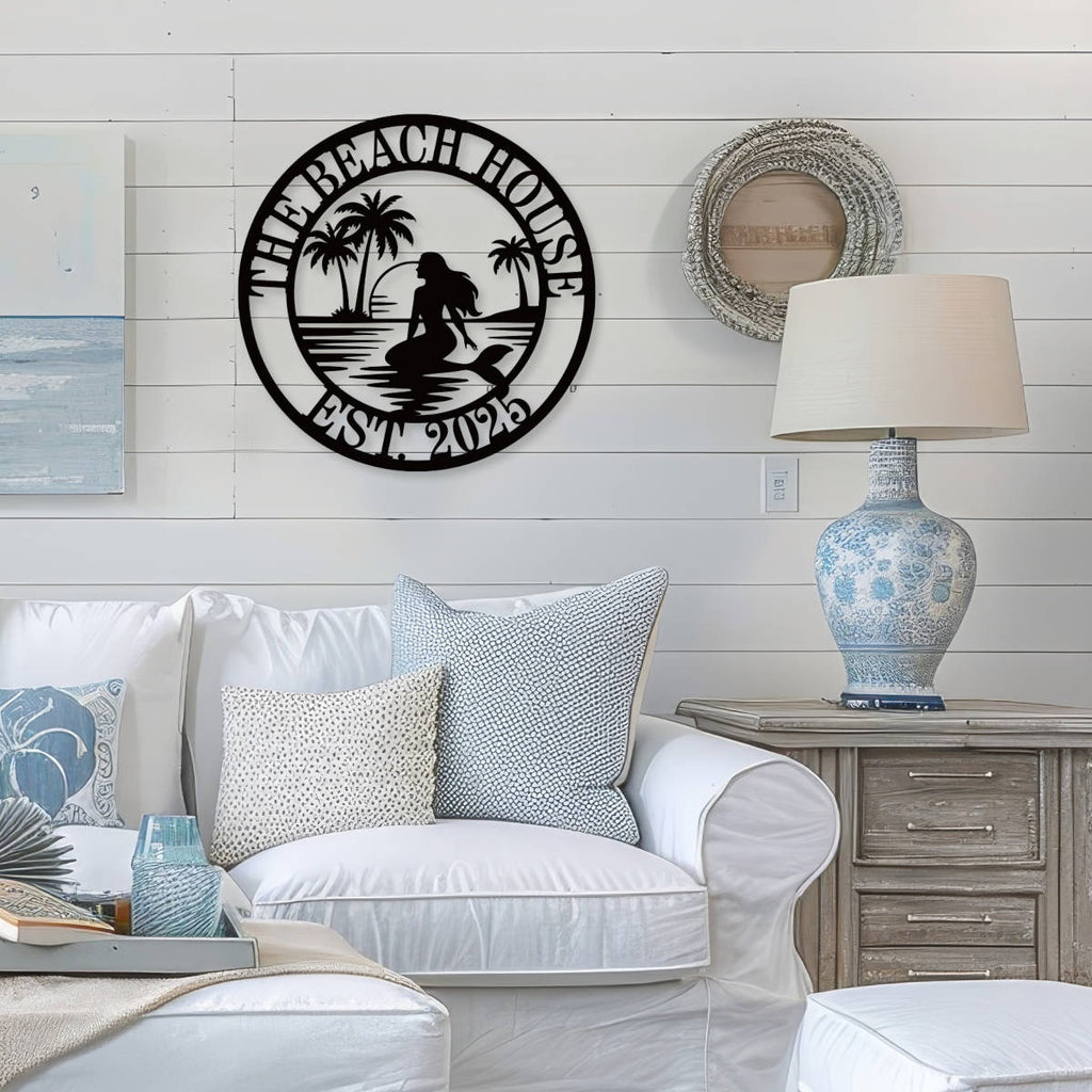 Custom mermaid beach metal wall sign with palm trees and sunset, personalized coastal décor made from laser-cut steel with powder-coated finish