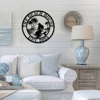 Custom mermaid beach metal wall sign with palm trees and sunset, personalized coastal décor made from laser-cut steel with powder-coated finish