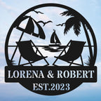 Personalized beach metal sign with chairs, palm trees, and sailboat, custom names and date, laser-cut steel wall art for weddings, anniversaries, or beach house decor.