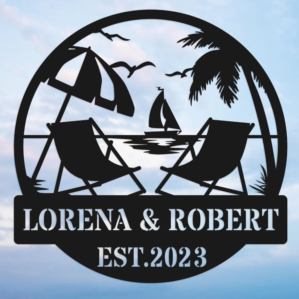 Personalized beach metal sign with chairs, palm trees, and sailboat, custom names and date, laser-cut steel wall art for weddings, anniversaries, or beach house decor.