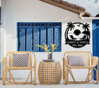 Personalized beach sunset metal wall art with palm trees and chairs, custom name and date, coastal decor gift for beach houses, weddings, or anniversaries