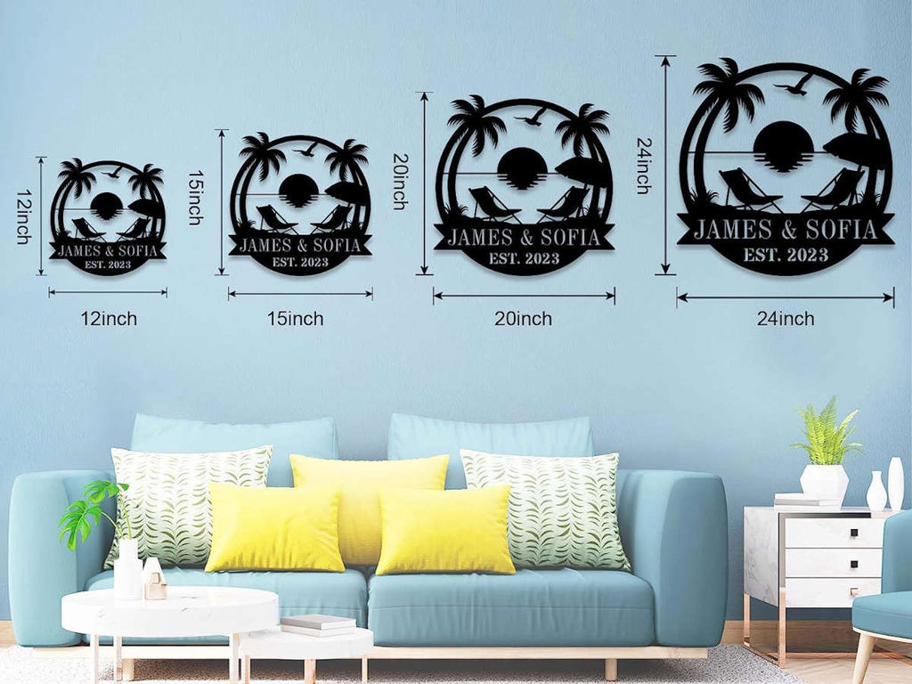 Personalized beach sunset metal wall art with palm trees and chairs, custom name and date, coastal decor gift for beach houses, weddings, or anniversaries