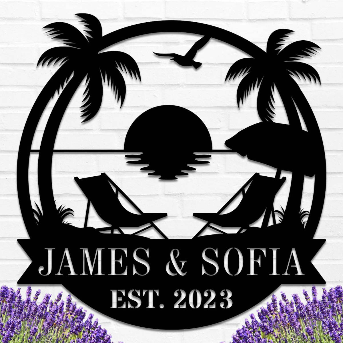 Personalized beach sunset metal wall art with palm trees and chairs, custom name and date, coastal decor gift for beach houses, weddings, or anniversaries Main image