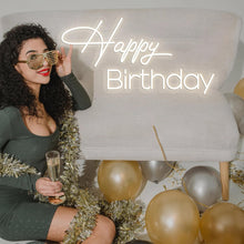 Happy Birthday neon sign glowing in white LED light for birthday party backdrop and celebration decor