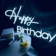 Happy Birthday neon sign glowing in white LED light for birthday party backdrop and celebration decor