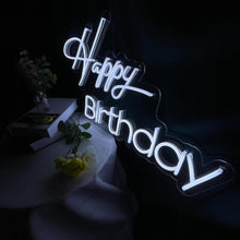 Happy Birthday neon sign glowing in white LED light for birthday party backdrop and celebration decor