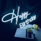 Happy Birthday neon sign glowing in white LED light for birthday party backdrop and celebration decor