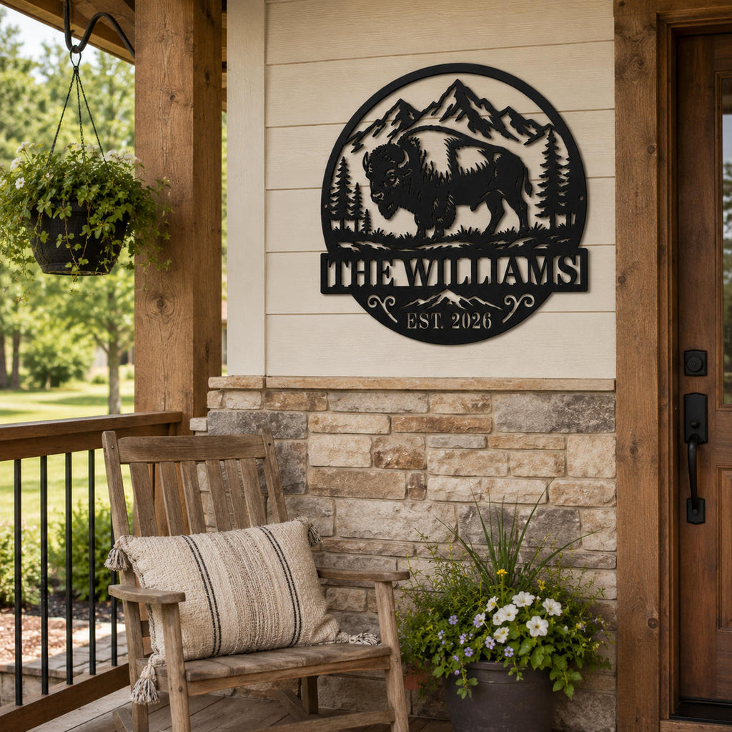 Personalized Williams bison family metal sign displayed on a rustic farmhouse front porch.