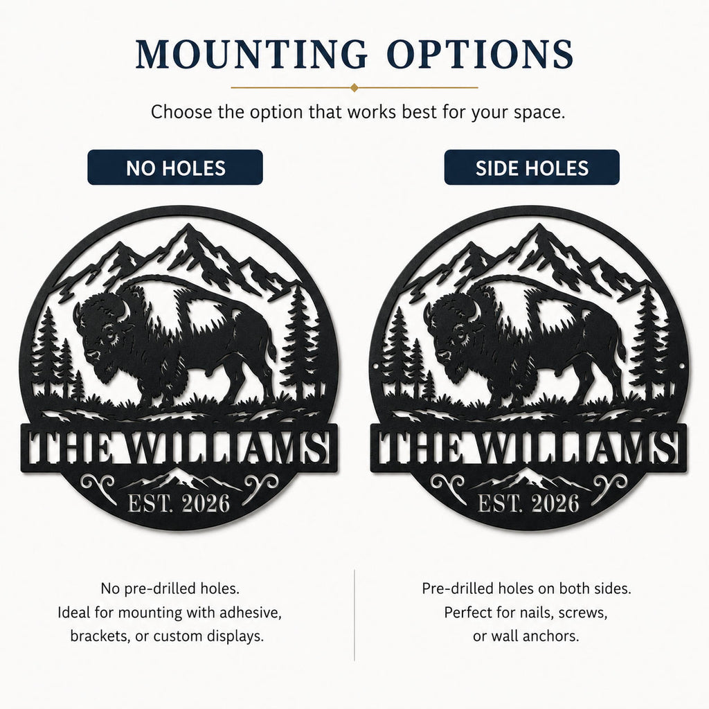 Bison metal sign mounting options showing no holes and pre-drilled holes on both sides.