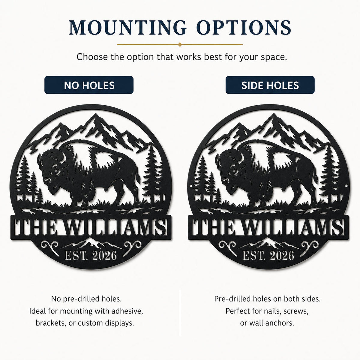 Bison metal sign mounting options showing no holes and pre-drilled holes on both sides.
