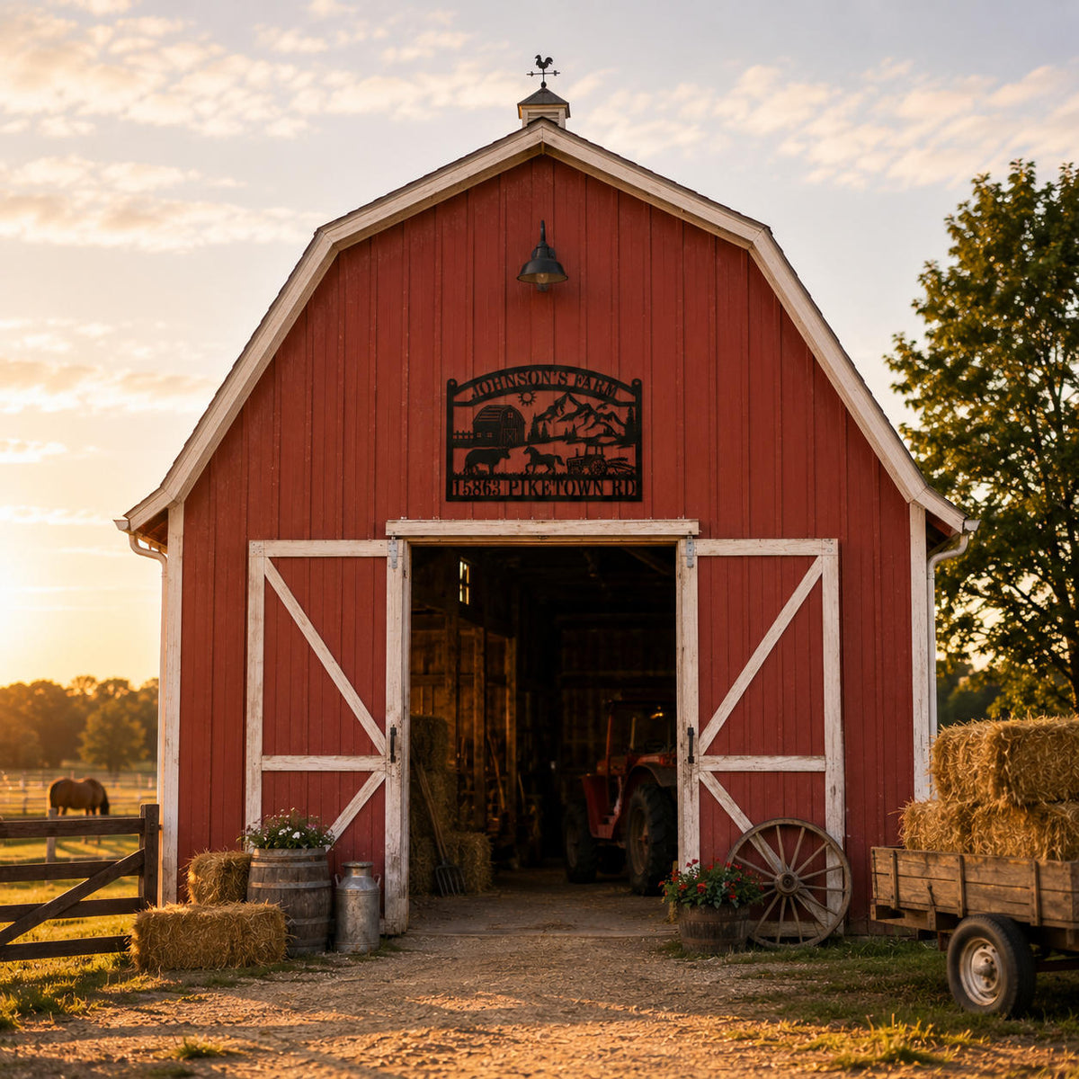Black custom metal farm sign mounted on a traditional red barn with hay bales, tractor, and warm countryside lighting.