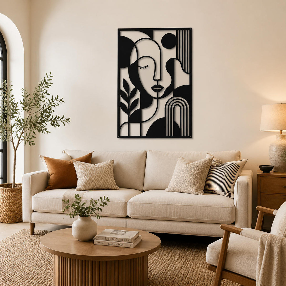 Large black metal abstract wall art above a modern living room sofa with minimalist home decor
