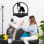 Custom Border Collie dog metal sign with "Where Loyalty Lives" and "Est. 2025" text in black powder-coated steel