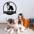 Custom Border Collie dog metal sign with "Where Loyalty Lives" and "Est. 2025" text in black powder-coated steel