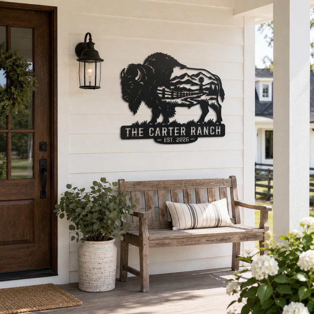 Buffalo metal ranch sign displayed on a modern American farmhouse porch.