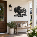 Buffalo metal ranch sign displayed on a modern American farmhouse porch.