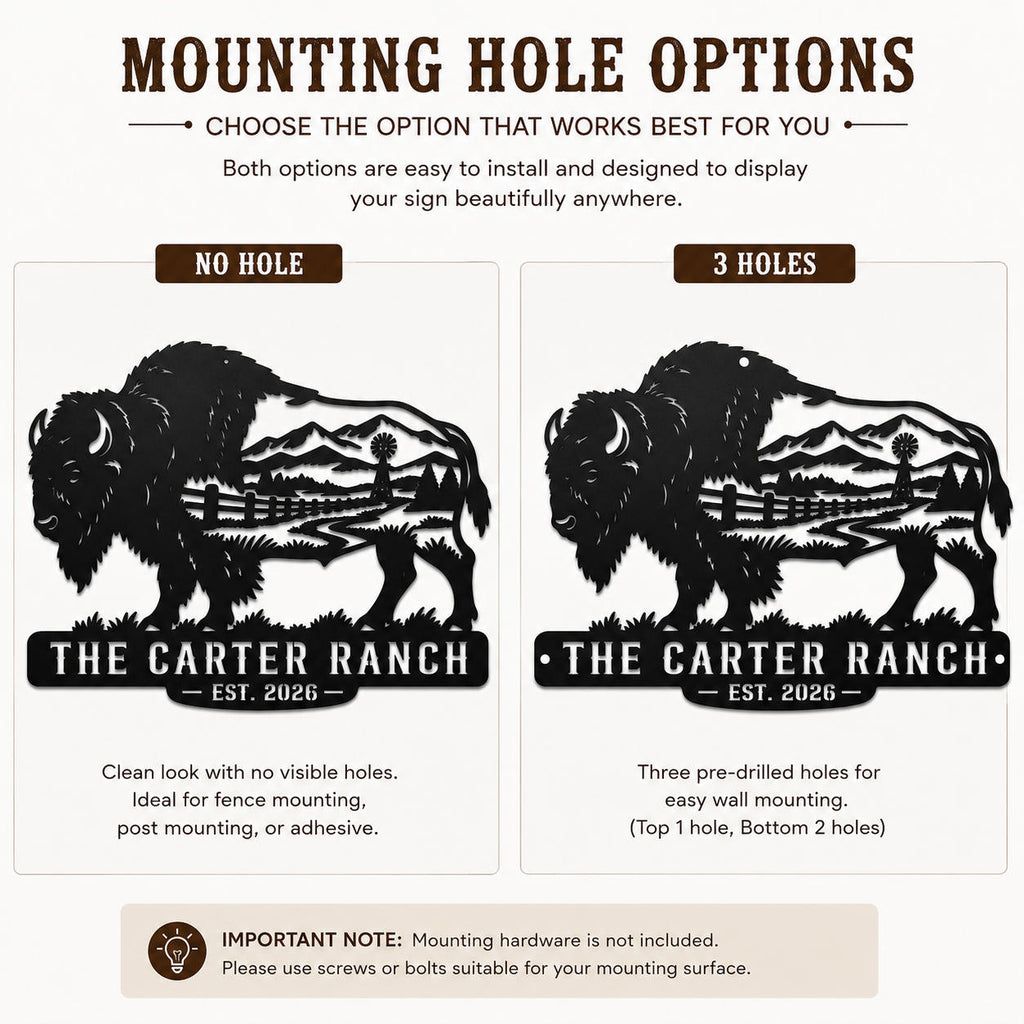 Buffalo ranch metal sign comparison showing no-hole and three-hole mounting options.