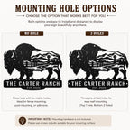 Buffalo ranch metal sign comparison showing no-hole and three-hole mounting options.