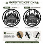 Mounting options for personalized cabin metal signs, featuring no holes and side mounting holes for secure indoor and outdoor installation.