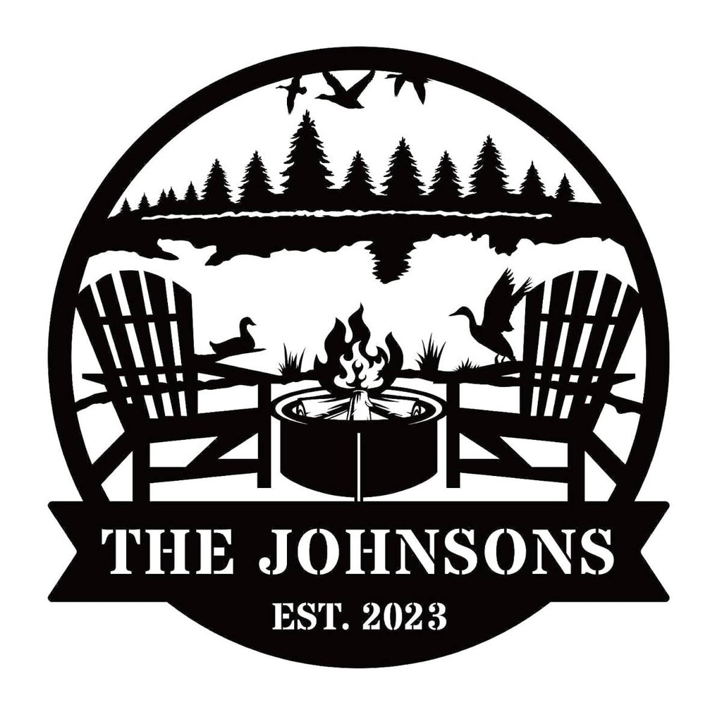 Custom firepit metal sign with family name and established year, laser cut from steel and powder coated, personalized outdoor wall décor with chairs, fire, and nature design.