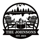 Custom firepit metal sign with family name and established year, laser cut from steel and powder coated, personalized outdoor wall décor with chairs, fire, and nature design.