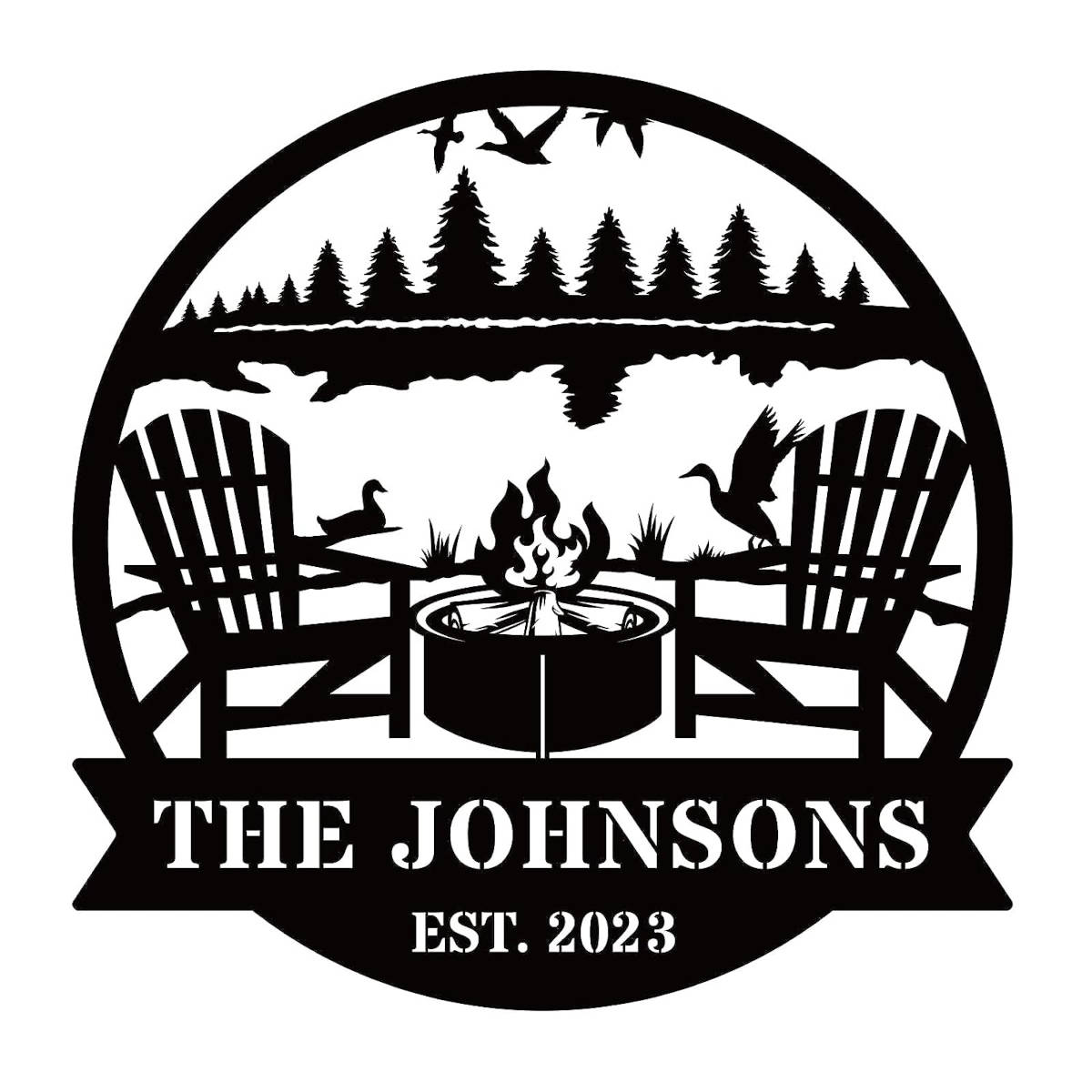 Custom firepit metal sign with family name and established year, laser cut from steel and powder coated, personalized outdoor wall décor with chairs, fire, and nature design.