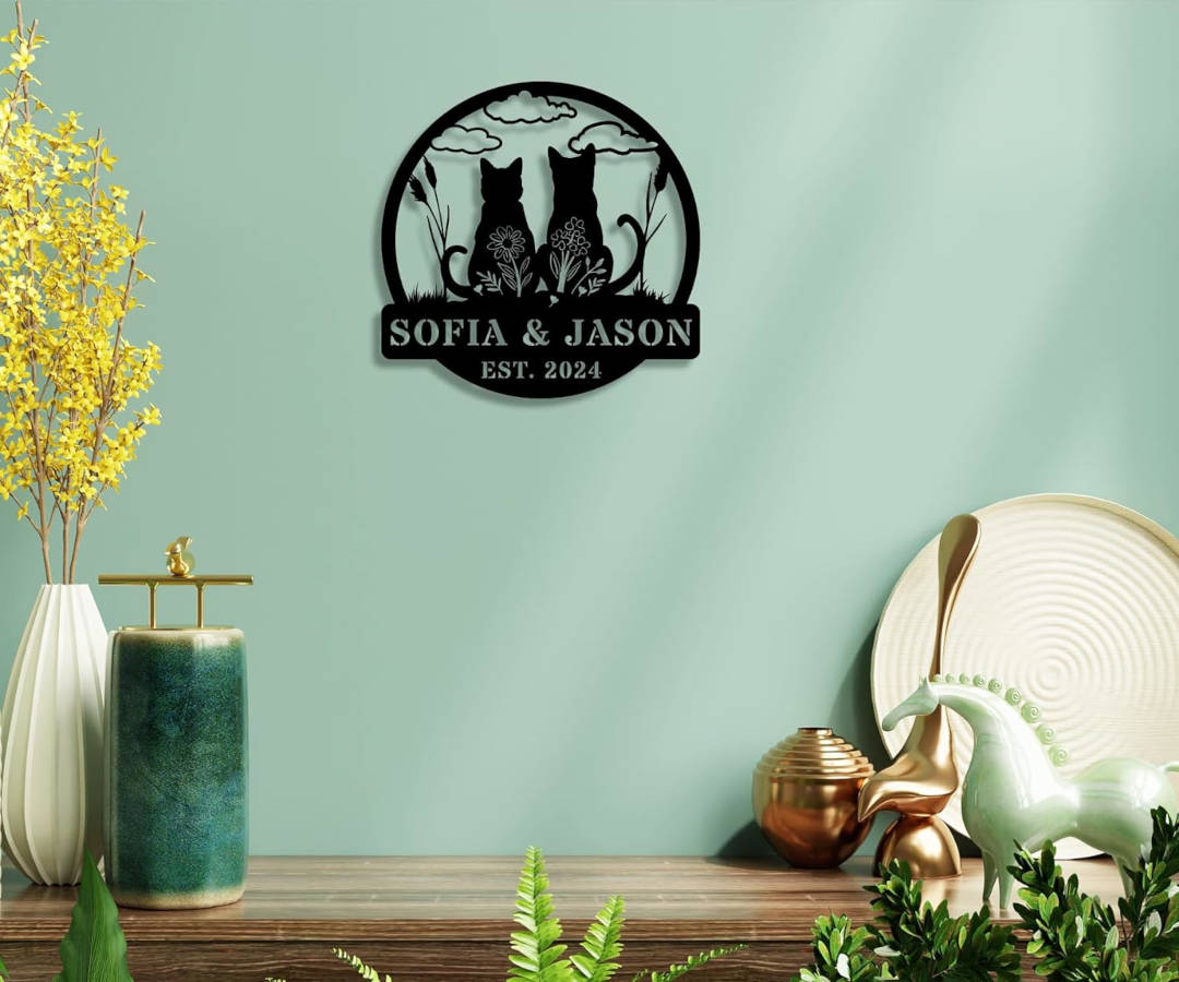 Personalized cat metal sign with two sitting cats, floral accents, and custom text, laser-cut from steel and powder-coated for wall decor.