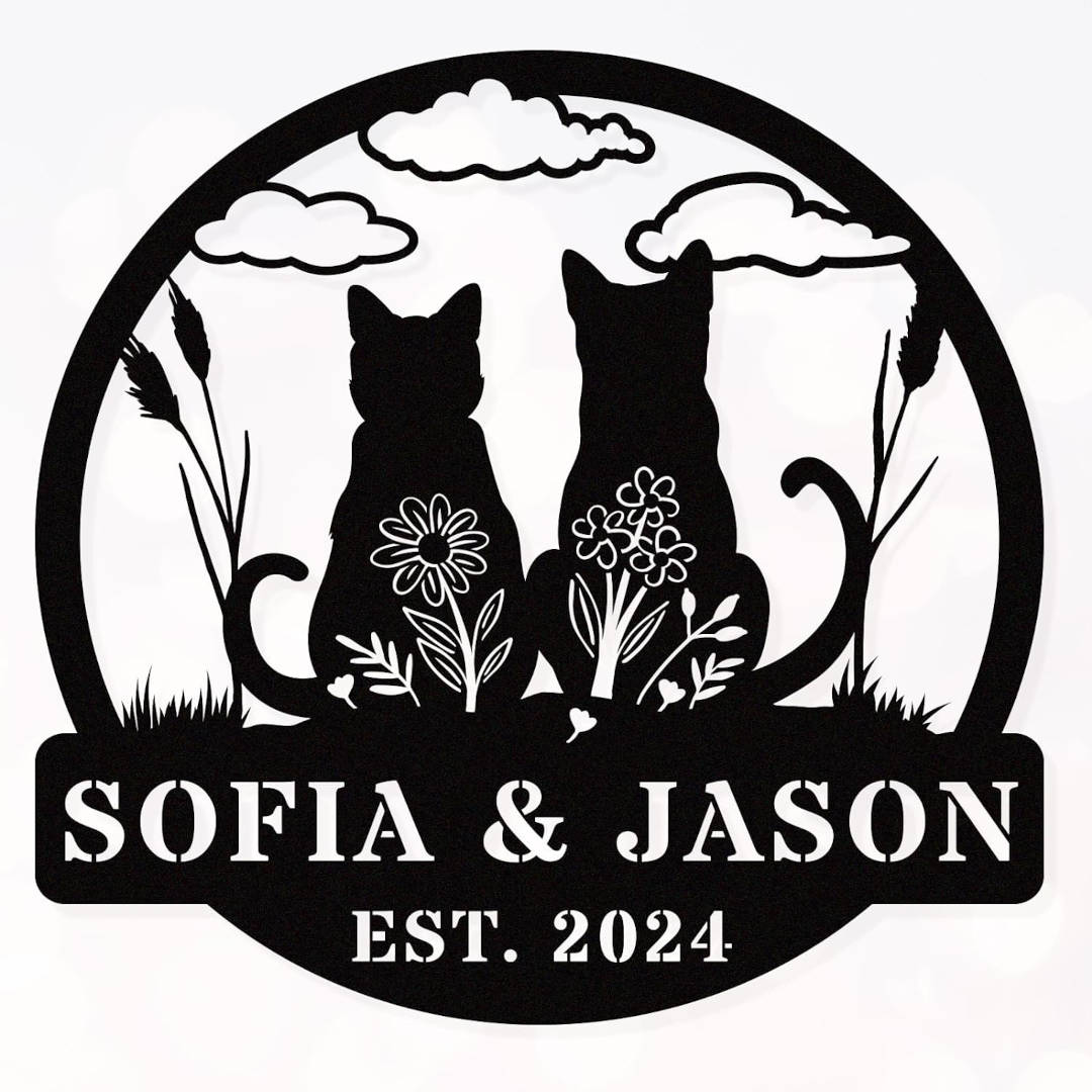 Personalized cat metal sign with two sitting cats, floral accents, and custom text, laser-cut from steel and powder-coated for wall decor. Main image