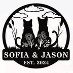 Personalized cat metal sign with two sitting cats, floral accents, and custom text, laser-cut from steel and powder-coated for wall decor.