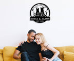Personalized cat metal sign with two sitting cats, floral accents, and custom text, laser-cut from steel and powder-coated for wall decor.