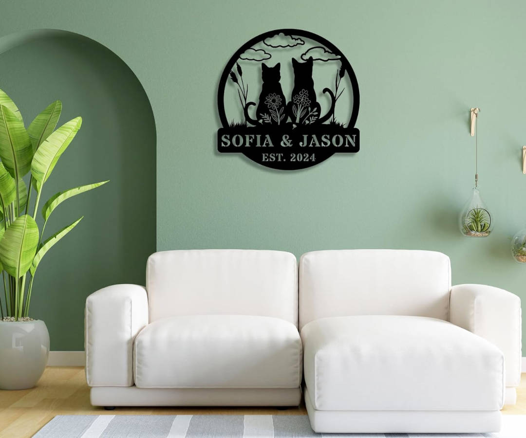 Personalized cat metal sign with two sitting cats, floral accents, and custom text, laser-cut from steel and powder-coated for wall decor.
